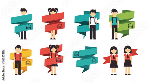 School Banner Icons: Vibrant illustrations of students each accompanied by a stylized ribbon banner. Symbolic of education and communication. 