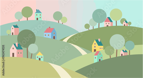 Whimsical houses on rolling hills in pastel colors with soft lighting for landscape design