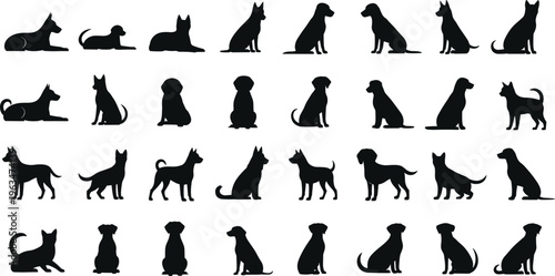 Dog silhouette set vector illustration, various canine poses sitting standing walking, pet animal icons collection, black design isolated, breed
