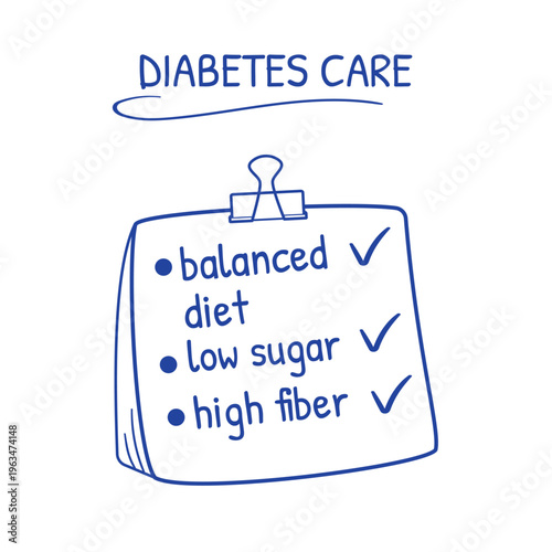 Diabetes Care Checklist Doodle with Balanced Diet and Low Sugar Concept