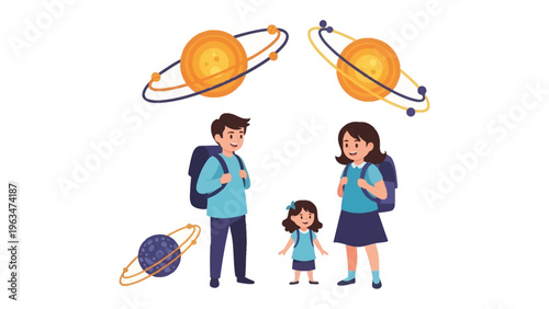Family with Cosmos Education: A cheerful family stands united with backpacks, set against a backdrop of celestial bodies, symbolizing exploration, curiosity, and the journey of learning and discovery.