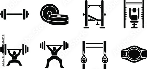 Gym equipment icon set with 8 black vector symbols, bodybuilding and weightlifting fitness elements, barbell and powerlifting workout graphics