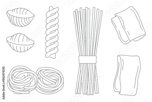 Assortment of Hand-Drawn Pasta Shapes and Noodles
