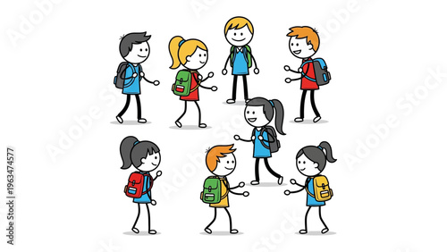 School Days Reunion: A delightful depiction of school children, carrying backpacks and greeting each other, capturing a sense of friendship and anticipation for the school day ahead.