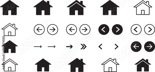 A collection of black and white house icons and directional arrows on a white background.