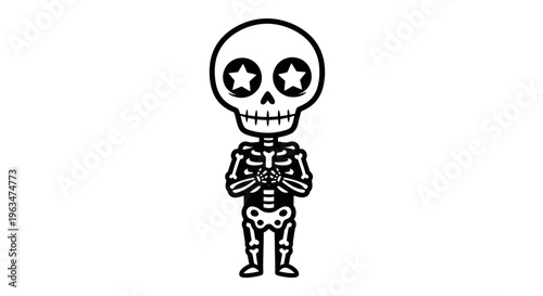 Cute Cartoon Skeleton Character Standing Confidently with Crossed Arms, Isolated White Background.