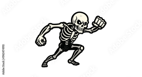 Energetic cartoon skeleton running with a determined expression on an isolated white background.