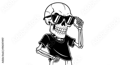 Cool skeleton wearing stylish sunglasses with a confident expression on an isolated white background.