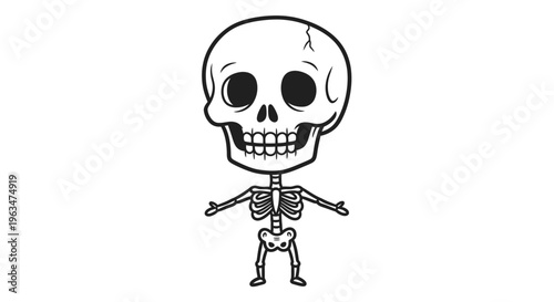 Cartoon Skeleton Character with Cracked Skull Standing on Isolated White Background