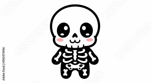 Adorable chibi style cartoon skeleton standing with a cute expression on an isolated white background.