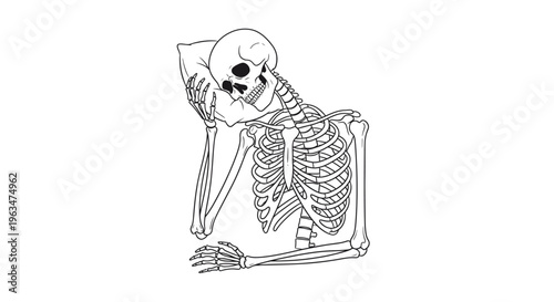 Human Skeleton Resting Thoughtfully with Head on Knee on Isolated White Background