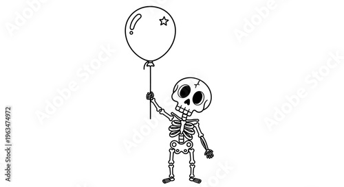 Adorable cartoon skeleton holding a star-shaped balloon with a happy expression on an isolated white background.