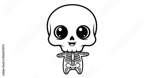 Cute Cartoon Skeleton Character Standing Happily on Isolated White Background