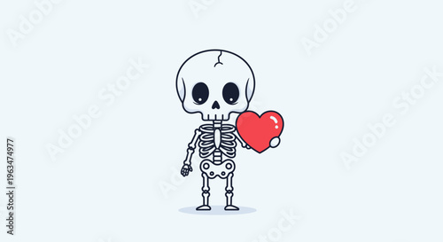 Adorable cartoon skeleton holding a red heart with a loving expression on a light blue background.