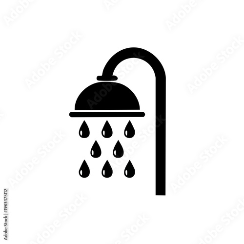 Black shower head with falling water drops and curved arm minimalist illustration