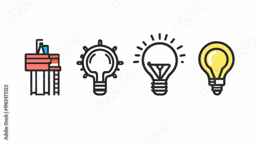 Colorful vector icons depicting diverse ideas, with several light bulbs representing concepts and solutions