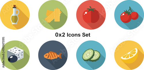 Flat Mediterranean food icons set with long shadows, collection of 8 culinary vector elements including olive oil, tomato, pasta, fish and cheese