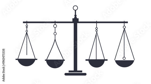 A balanced depiction of a set of scales, rendered in a simplified, minimalist black and white graphic