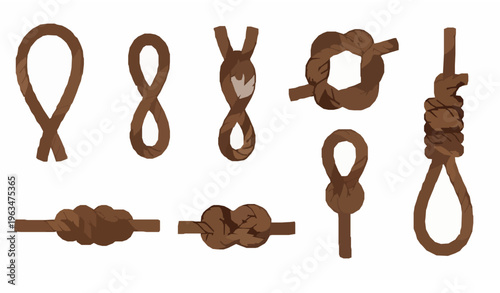 Vintage Brown Rope Knot Loop and Noose Nautical Vector Illustration Set