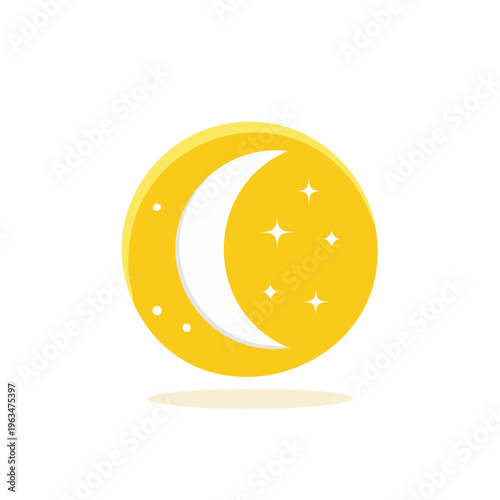 Yellow crescent moon and stars icon simple flat design for night and sleep themes