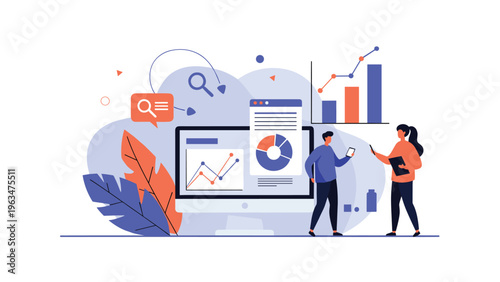 Professional team analyzing business metrics and data visualizations on a computer and floating panels on blue.