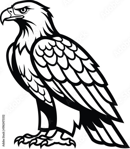 Eagle line art vector illustration, detailed bird of prey standing pose, wildlife animal design, black and white icon, strength symbol