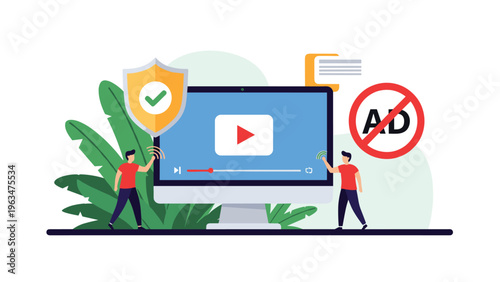 Secure ad-free video streaming concept showing a computer with a shield and no advertisement symbol on white.