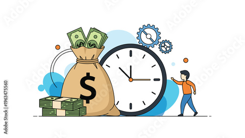 Time is money concept showing a large clock next to a money bag with gears and a person in a suit on white.