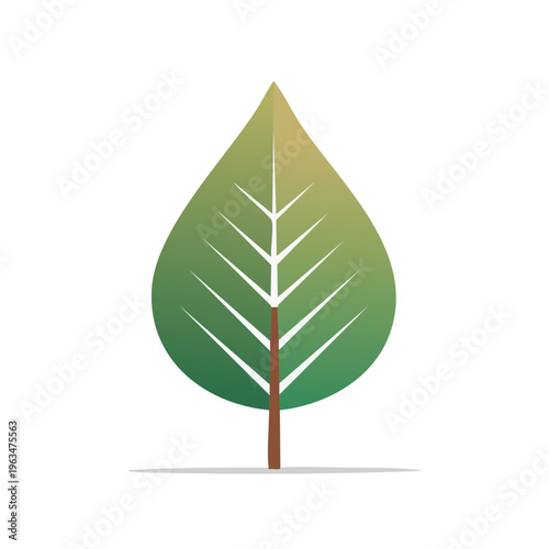 Stylized green leaf with central vein and stem in flat design