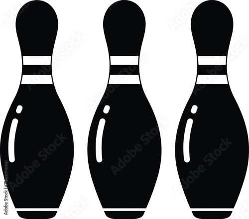Set of Three Black Bowling Pin Silhouette Icons Vector Clipart Isolated on White Background for Sports Competition Leisure Activity