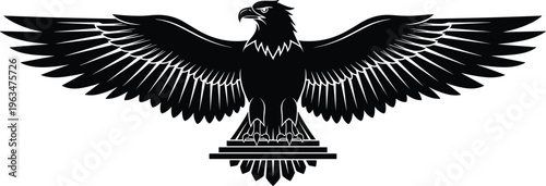 Eagle silhouette vector illustration, powerful bird with wide spread wings, heraldic emblem design, black icon, freedom strength concept, isolated graphic