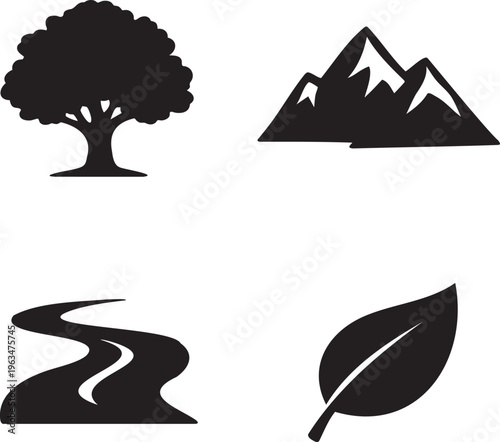 Black silhouette of tree mountains river and leaf on white nature