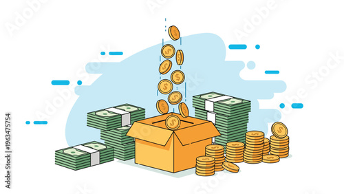 Savings and crowdfunding concept showing gold coins falling into a cardboard box with stacks of banknotes.