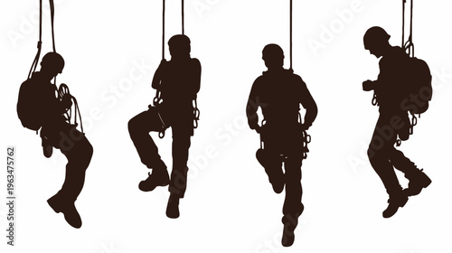 Four silhouettes of people wearing safety harnesses, climbing or descending, ropes suspended