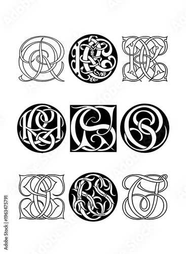 Monogram initials combinations, decorative interlocking letters in black and white line art, isolated on white background.