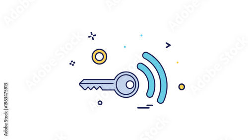 Smart technology access showing a blue key icon with wireless signal waves for remote digital connectivity.