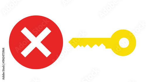 Security access denied concept showing a red cross error symbol next to a yellow key icon on white background.