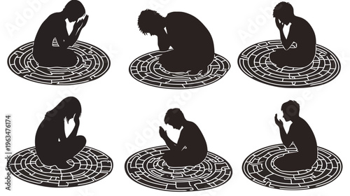 Black silhouettes of people meditating or in thought, each on a circular maze. A concept image