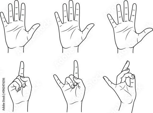 Hand Gesture Line Art Vector Set Featuring Open Palms, Pointing Finger, and Sign Language Symbols for Communication, Tutorials, User Interface, and Digital Design