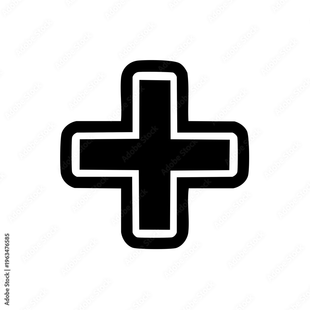 Fototapeta premium Bold black plus sign with rounded corners and outline symbol