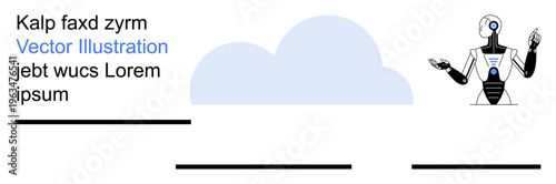 Artificial intelligence, cloud computing, data storage, machine learning, futuristic tech, digital communication. Robot with raised hands near stylized cloud and text. Artificial intelligence