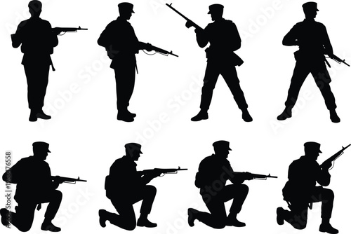 Soldier silhouettes with rifles in standing and kneeling combat poses isolated on white background, military army vector illustration set for war, defense, and tactical design