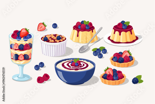 Collection of berry desserts, fruit tarts, and layered panna cotta with fresh forest fruits.