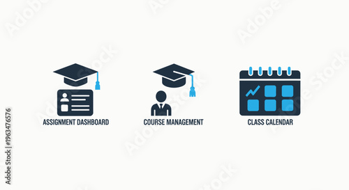 Academic advisory, college planning, and class calendar icons for education management and student success