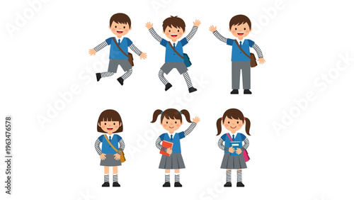 Cheerful School Day: A collection of six school children, full of life, embodying the essence of student joy. Their vibrant illustrations capture the youthful spirit of learning and friendship.
