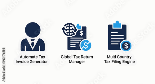 Automated tax invoice generation and global tax return management system icons for business finance and compliance