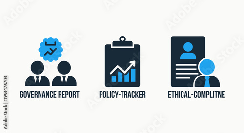 Governance report, policy tracker, and ethical compliance icons illustrating corporate regulation and business integrity standards
