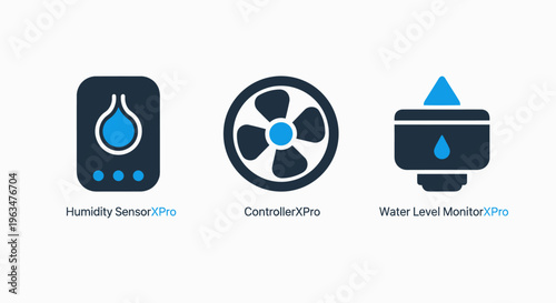 Home automation and climate control icons featuring humidity sensors, air ventilators, and water level monitoring systems