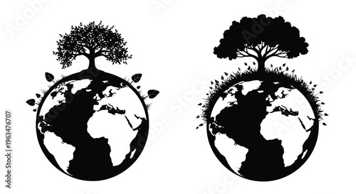 Two globes featuring trees and foliage a striking silhouette