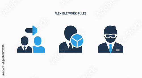 Flexible work roles and dynamic team management with diverse business person icons representing adaptability and professional functions in modern workplace settings